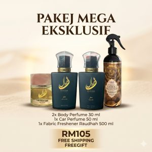 PAKEJ MEGA ESKLUSIF 4 IN 1 | 2x Body Perfume ( Malik Malika ) + 1x Car Perfume + 1x Fabric Freshener Raudhah