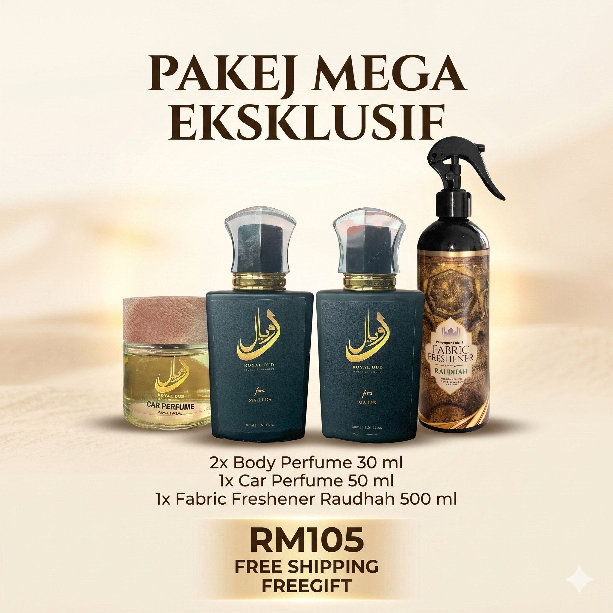 PAKEJ MEGA ESKLUSIF 4 IN 1 | 2x Body Perfume ( Malik Malika ) + 1x Car Perfume + 1x Fabric Freshener Raudhah